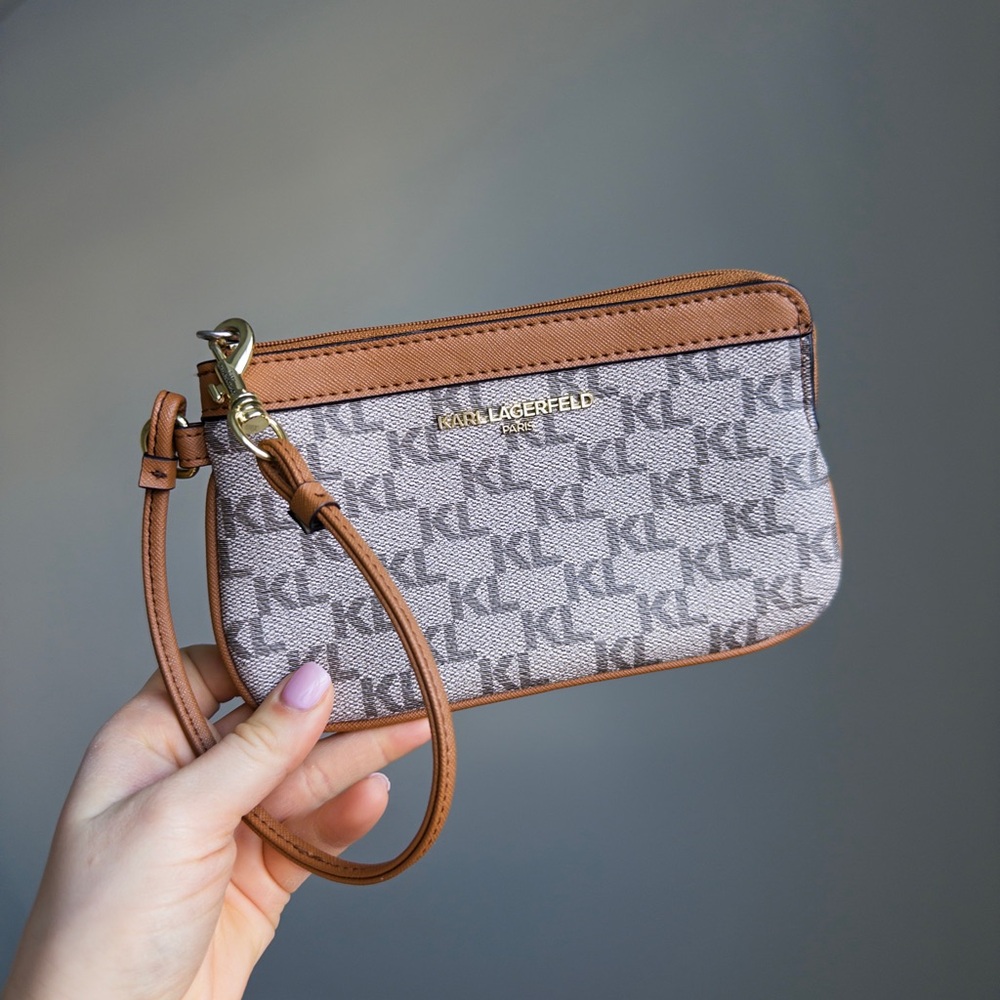 Karl Lagerfeld Monogram Wristlet in Brown and Tan